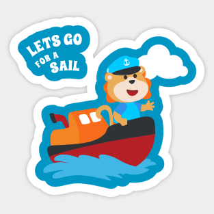 Cute lion the animal sailor on the boat with cartoon style. Sticker